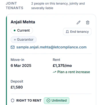 Sample account, 9 Ferndale Close, Norwich: joint tenant Anjali Mehta, Right to Rent Unlimited