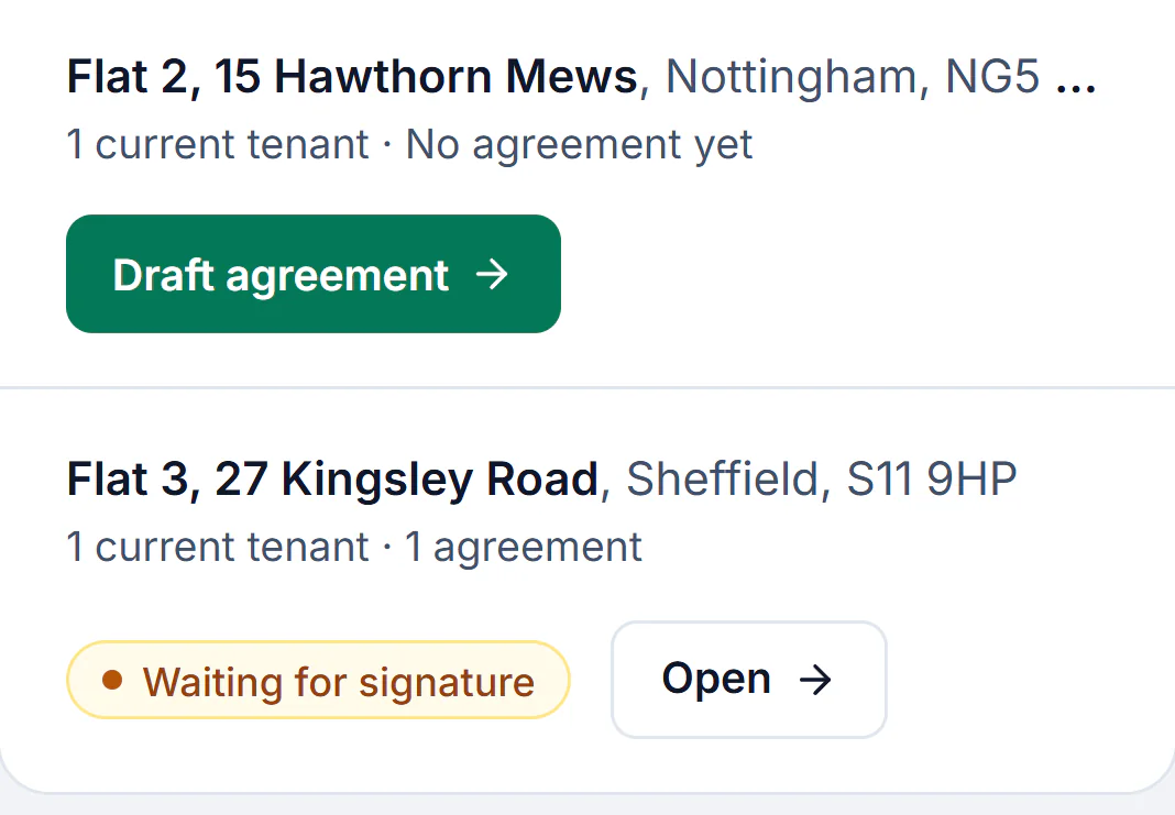 Sample account, the landlord's tenancy agreements on a phone: Flat 2, 15 Hawthorn Mews, Nottingham, and Flat 3, 27 Kingsley Road, Sheffield