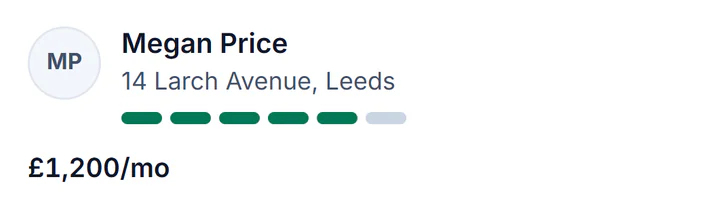 Sample account: Megan Price's rent at 14 Larch Avenue, Leeds, £1,200 a month
