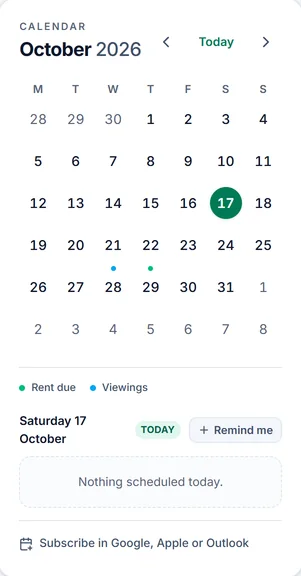 Sample account, the dashboard calendar for October 2026, with rent days and viewings marked, and Subscribe in Google, Apple or Outlook