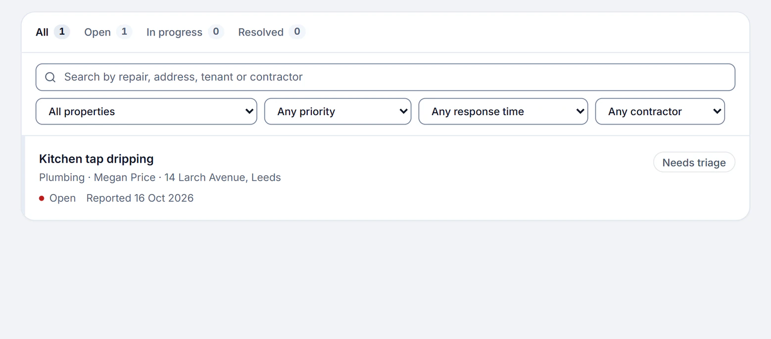 Sample account, Tenant inbox: the repairs list, Open 0 and Resolved 1, with Kitchen tap dripping at 14 Larch Avenue, Leeds, Resolved