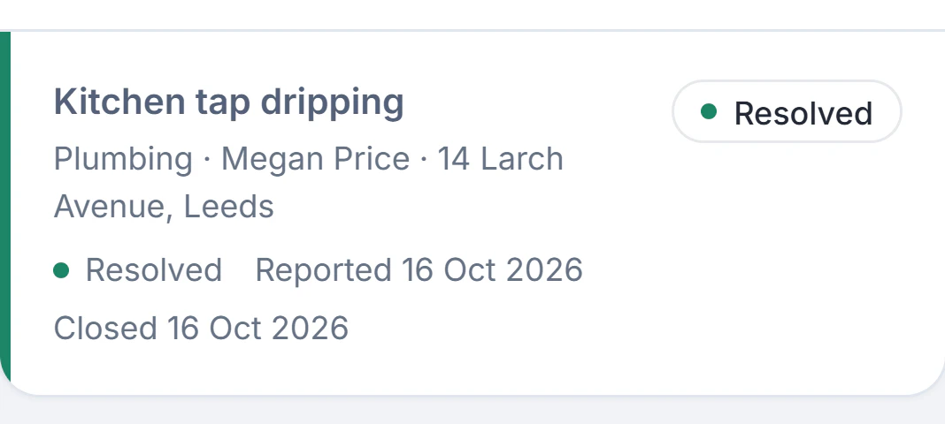 Sample account, Tenant inbox on a phone: Kitchen tap dripping, Resolved